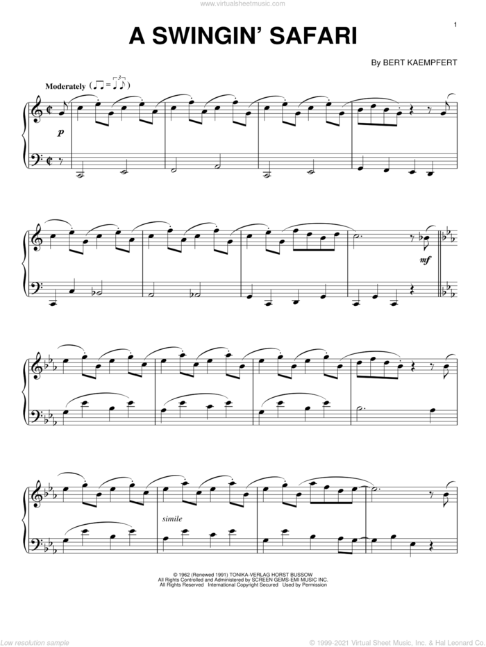 A Swingin' Safari sheet music for piano solo by Billy Vaughn and Bert Kaempfert, intermediate skill level