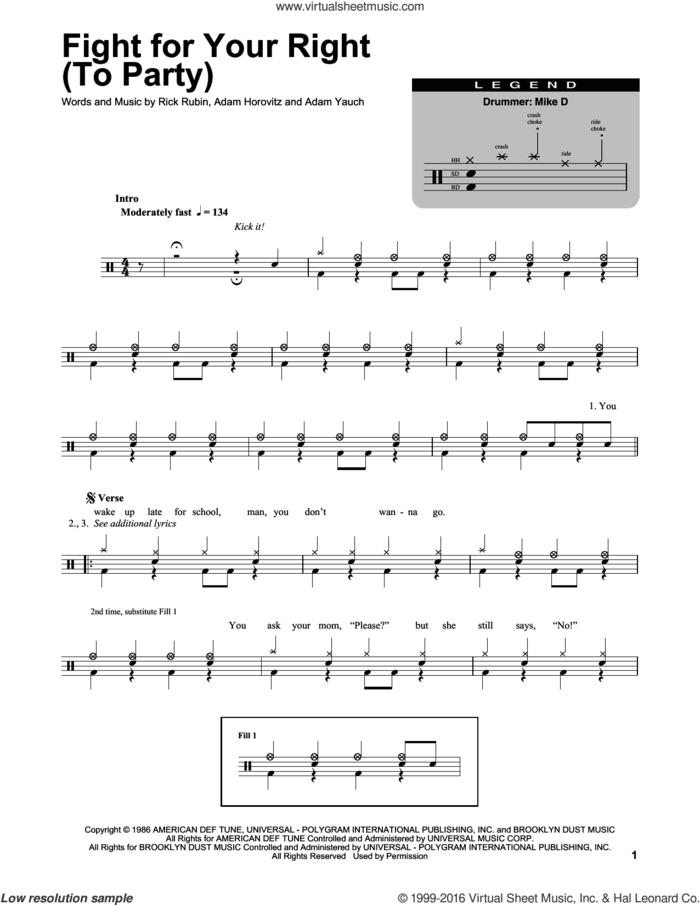 Fight For Your Right (To Party) sheet music for drums by Beastie Boys, Adam Horovitz, Adam Yauch and Rick Rubin, intermediate skill level