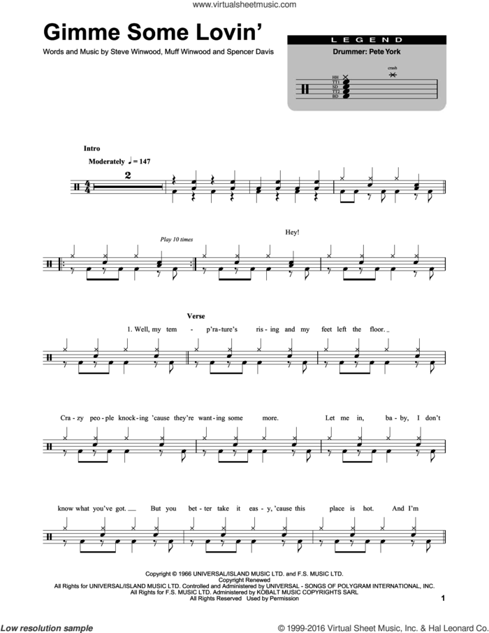 Gimme Some Lovin' sheet music for drums by The Spencer Davis Group, Muff Winwood, Spencer Davis and Steve Winwood, intermediate skill level