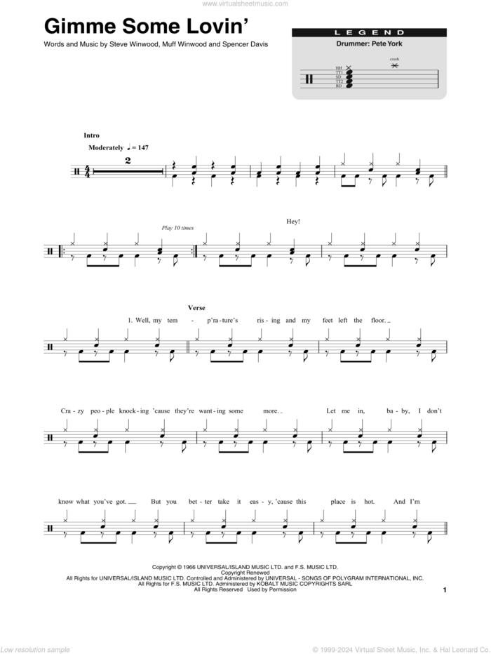 Gimme Some Lovin' sheet music for drums by The Spencer Davis Group, Muff Winwood, Spencer Davis and Steve Winwood, intermediate skill level