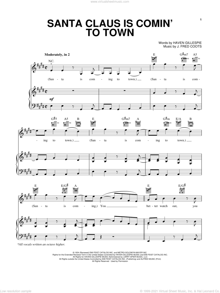Santa Claus Is Comin' To Town sheet music for voice, piano or guitar by Pentatonix, Michael Buble, Steve Tyrell, The Band Perry, Wilson Phillips, Haven Gillespie and J. Fred Coots, intermediate skill level