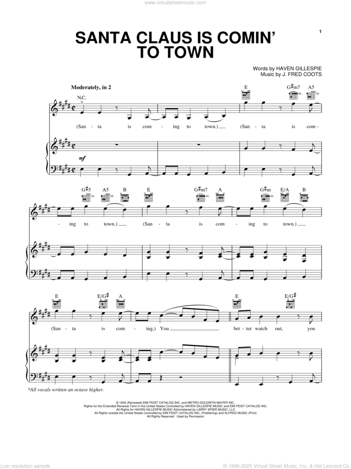 Santa Claus Is Comin' To Town sheet music for voice, piano or guitar by Pentatonix, Michael Buble, Steve Tyrell, The Band Perry, Wilson Phillips, Haven Gillespie and J. Fred Coots, intermediate skill level