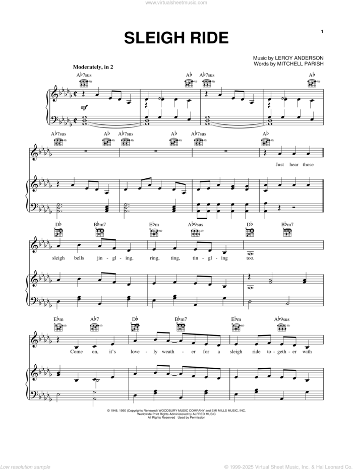 Sleigh Ride sheet music for voice, piano or guitar by Pentatonix, Leroy Anderson and Mitchell Parish, intermediate skill level