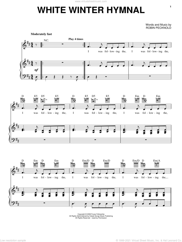 White Winter Hymnal sheet music for voice, piano or guitar by Pentatonix, Fleet Foxes and Robin Pecknold, intermediate skill level