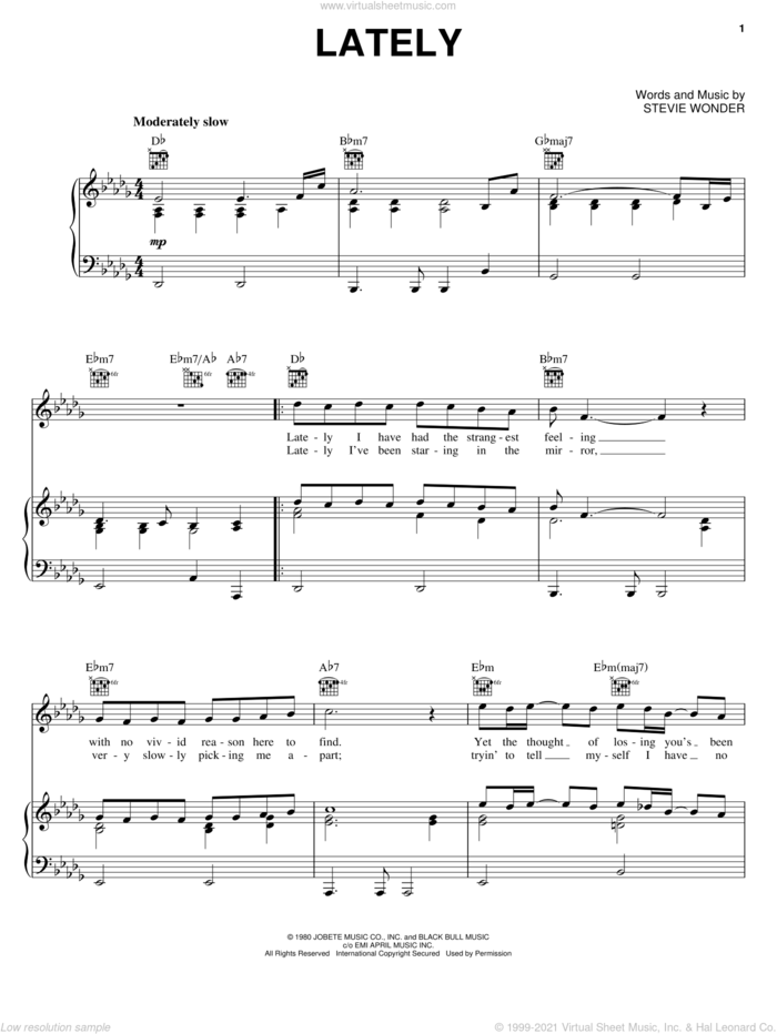 Lately sheet music for voice, piano or guitar by Stevie Wonder, intermediate skill level