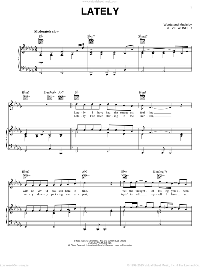 Lately sheet music for voice, piano or guitar by Stevie Wonder, intermediate skill level