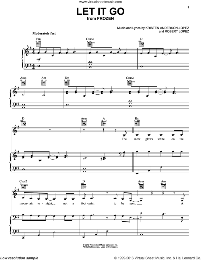 Let It Go (from Frozen) sheet music for voice, piano or guitar by Pentatonix, Idina Menzel, Kristen Anderson-Lopez and Robert Lopez, intermediate skill level