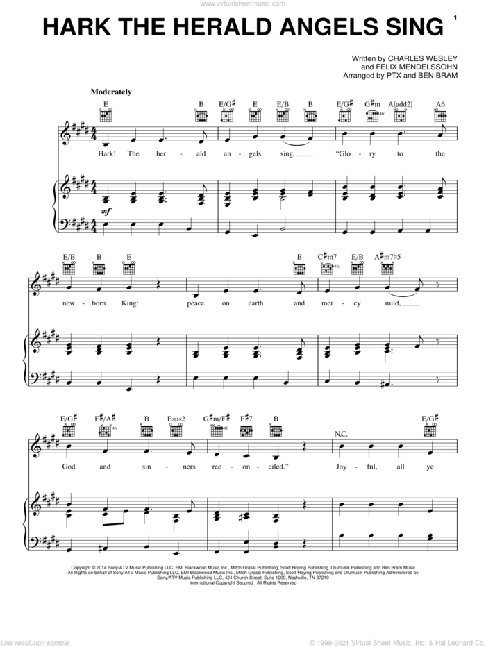Hark! The Herald Angels Sing sheet music for voice, piano or guitar by Pentatonix, Charles Wesley, Felix Mendelssohn-Bartholdy and William H. Cummings, intermediate skill level