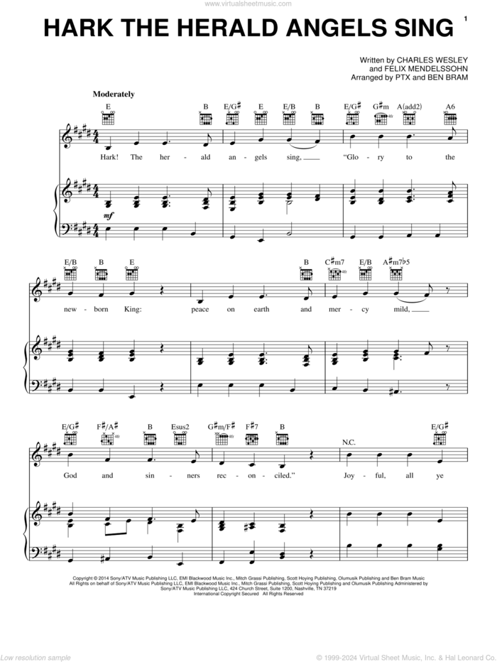 Hark! The Herald Angels Sing sheet music for voice, piano or guitar by Pentatonix, Charles Wesley, Felix Mendelssohn-Bartholdy and William H. Cummings, intermediate skill level