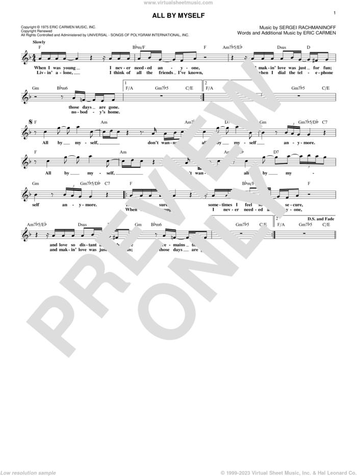 All By Myself sheet music for voice and other instruments (fake book) by Serjeij Rachmaninoff, Celine Dion and Eric Carmen, intermediate skill level