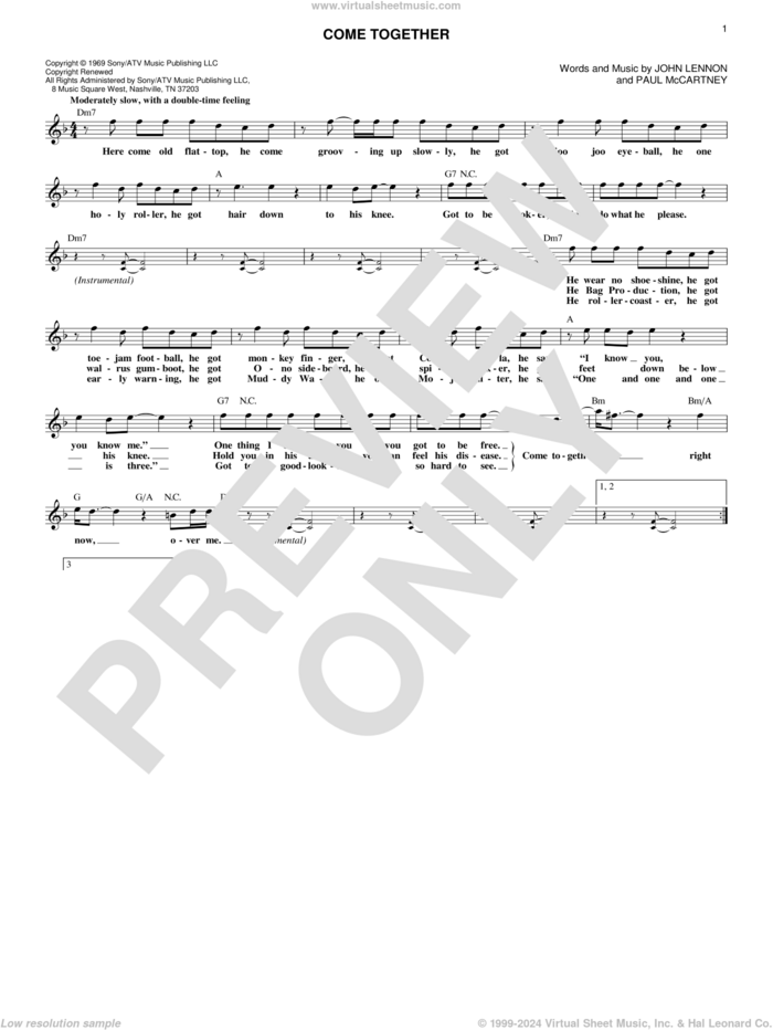 Come Together sheet music for voice and other instruments (fake book) by The Beatles, Aerosmith, John Lennon and Paul McCartney, intermediate skill level