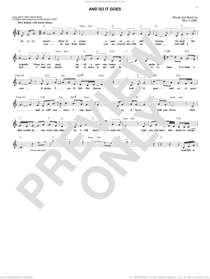 And So It Goes sheet music for voice and other instruments (fake book) by Billy Joel, intermediate skill level