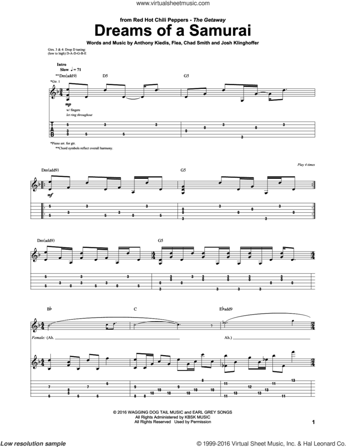 Dreams Of A Samurai sheet music for guitar (tablature) by Red Hot Chili Peppers, Anthony Kiedis, Chad Smith, Flea and Josh Klinghoffer, intermediate skill level