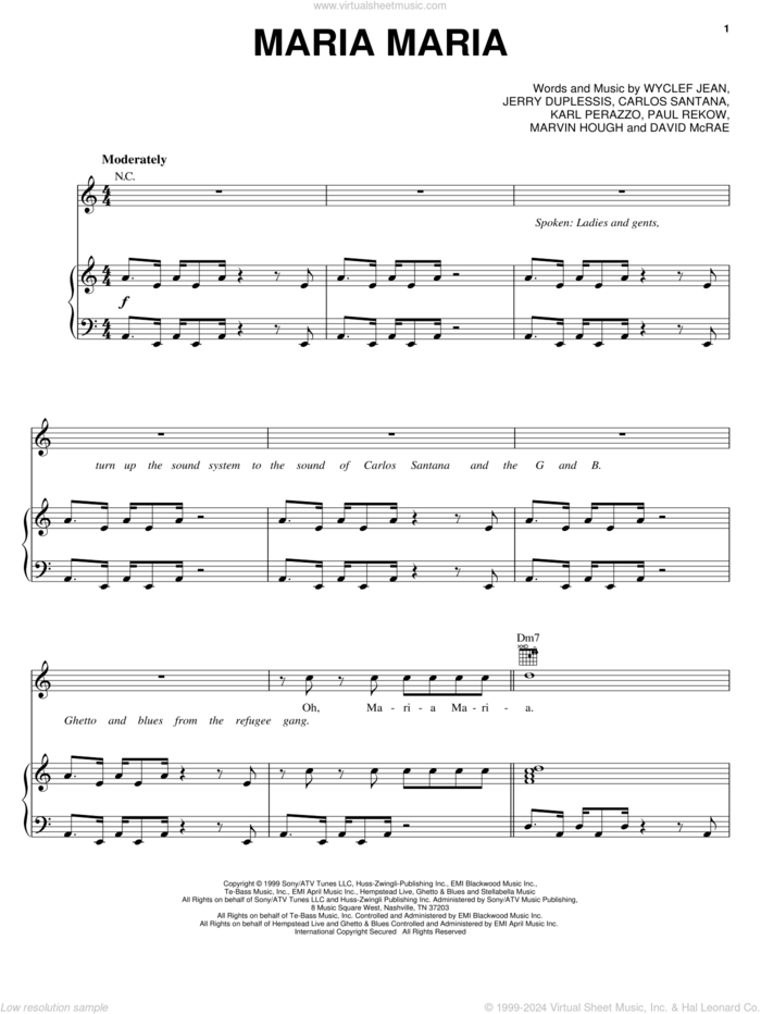Maria Maria sheet music for voice, piano or guitar by Santana featuring The Product G&B, Carlos Santana, David McRae, Jerry Duplessis, Karl Perazzo, Marvin Hough, Paul Rekow and Wyclef Jean, intermediate skill level