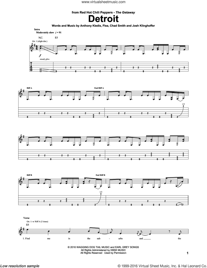Detroit sheet music for guitar (tablature) by Red Hot Chili Peppers, Anthony Kiedis, Chad Smith, Flea and Josh Klinghoffer, intermediate skill level