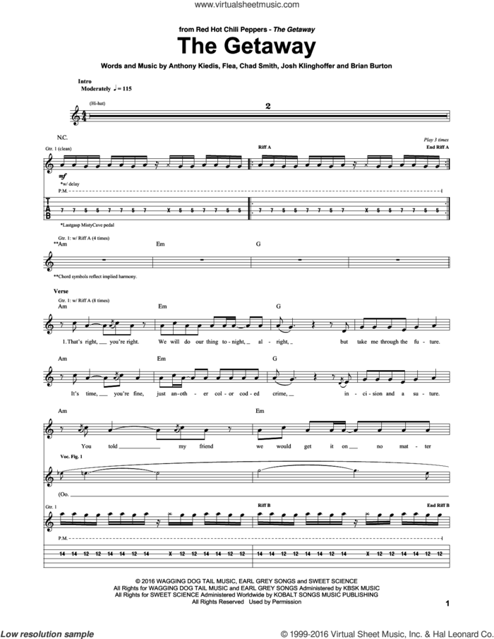 The Getaway sheet music for guitar (tablature) by Red Hot Chili Peppers, Anthony Kiedis, Brian Burton, Chad Smith, Flea and Josh Klinghoffer, intermediate skill level