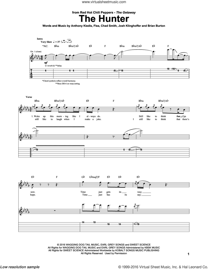 The Hunter sheet music for guitar (tablature) by Red Hot Chili Peppers, Anthony Kiedis, Brian Burton, Chad Smith, Flea and Josh Klinghoffer, intermediate skill level