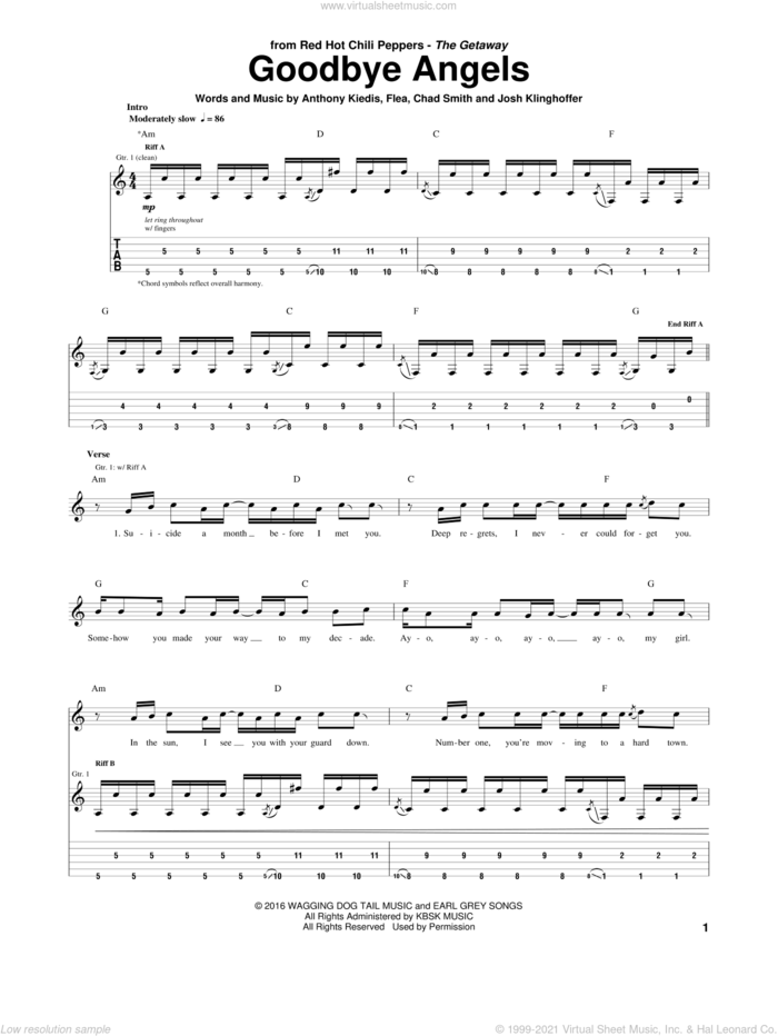 Goodbye Angels sheet music for guitar (tablature) by Red Hot Chili Peppers, Anthony Kiedis, Chad Smith, Flea and Josh Klinghoffer, intermediate skill level