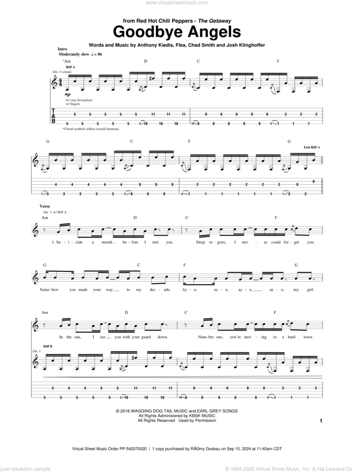 Goodbye Angels sheet music for guitar (tablature) by Red Hot Chili Peppers, Anthony Kiedis, Chad Smith, Flea and Josh Klinghoffer, intermediate skill level