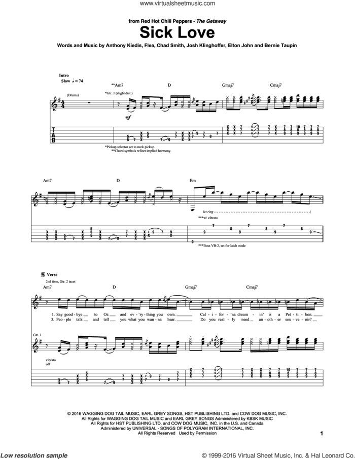Sick Love sheet music for guitar (tablature) by Red Hot Chili Peppers, Anthony Kiedis, Bernie Taupin, Chad Smith, Elton John, Flea and Josh Klinghoffer, intermediate skill level