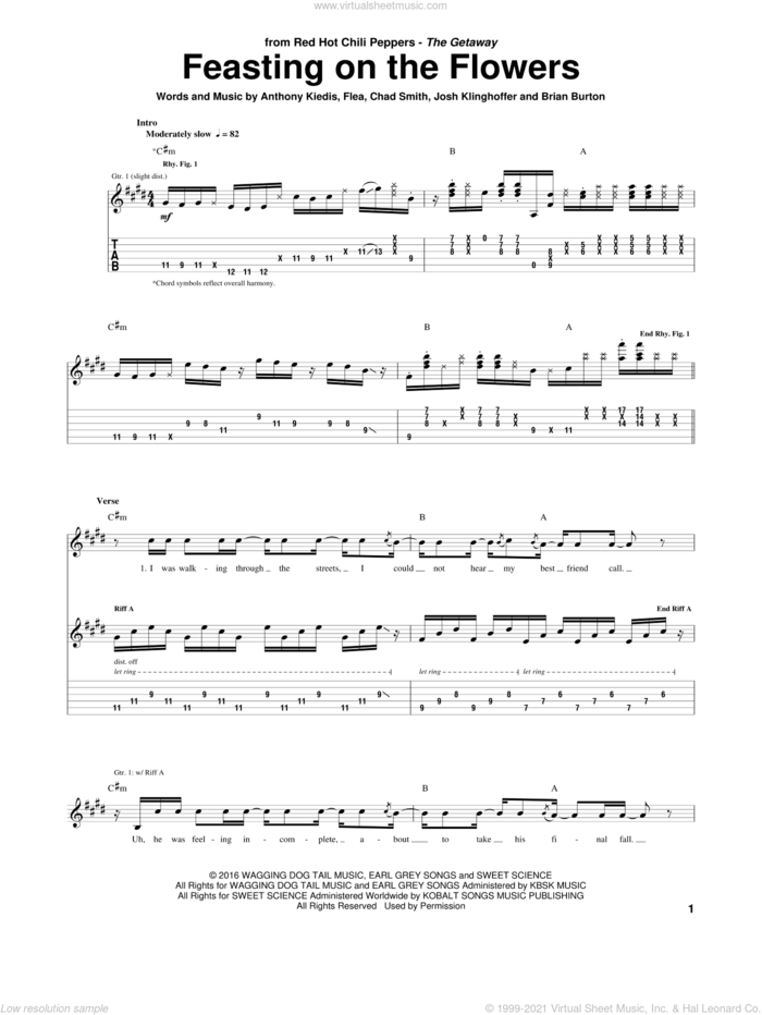 Feasting On The Flowers sheet music for guitar (tablature) by Red Hot Chili Peppers, Anthony Kiedis, Brian Burton, Chad Smith, Flea and Josh Klinghoffer, intermediate skill level