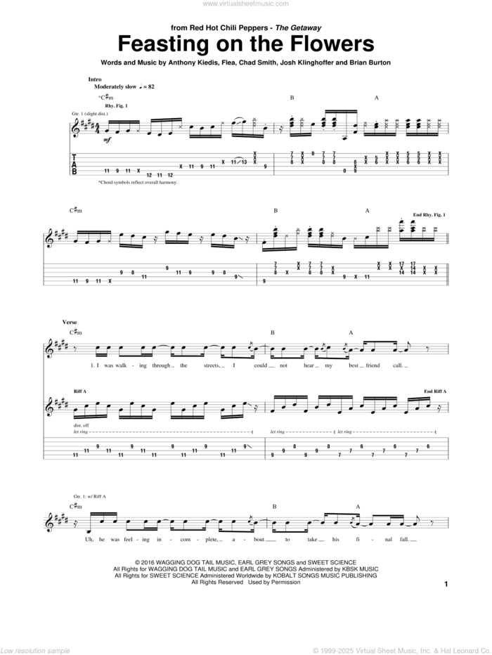 Feasting On The Flowers sheet music for guitar (tablature) by Red Hot Chili Peppers, Anthony Kiedis, Brian Burton, Chad Smith, Flea and Josh Klinghoffer, intermediate skill level