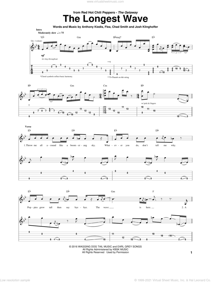 The Longest Wave sheet music for guitar (tablature) by Red Hot Chili Peppers, Anthony Kiedis, Chad Smith, Flea and Josh Klinghoffer, intermediate skill level