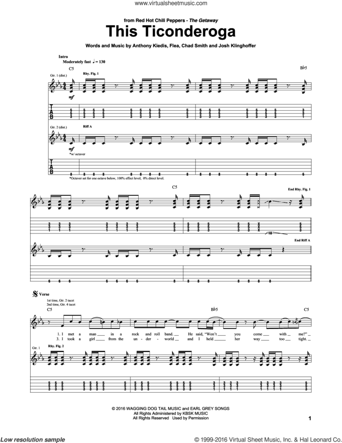 This Ticonderoga sheet music for guitar (tablature) by Red Hot Chili Peppers, Anthony Kiedis, Chad Smith, Flea and Josh Klinghoffer, intermediate skill level