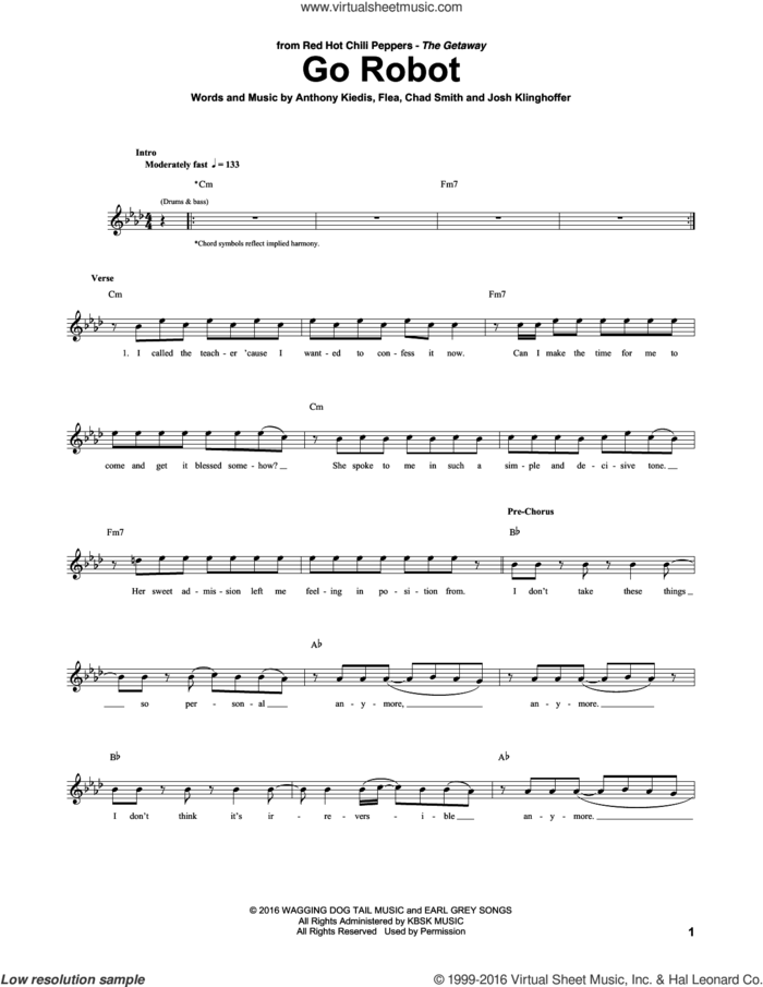 Go Robot sheet music for guitar (tablature) by Red Hot Chili Peppers, Anthony Kiedis, Chad Smith, Flea and Josh Klinghoffer, intermediate skill level