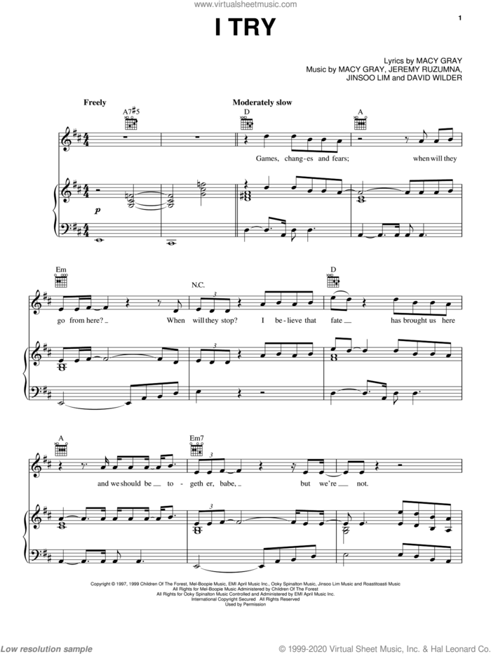 I Try sheet music for voice, piano or guitar by Macy Gray, David Wilder, Jeremy Ruzumna and Jinsoo Lim, intermediate skill level