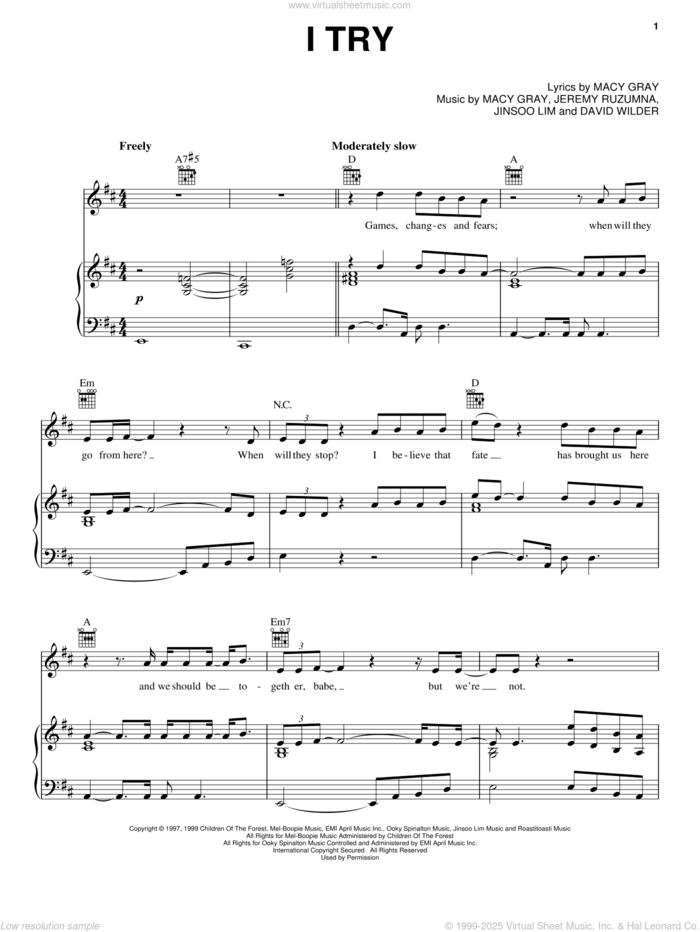 I Try sheet music for voice, piano or guitar by Macy Gray, David Wilder, Jeremy Ruzumna and Jinsoo Lim, intermediate skill level