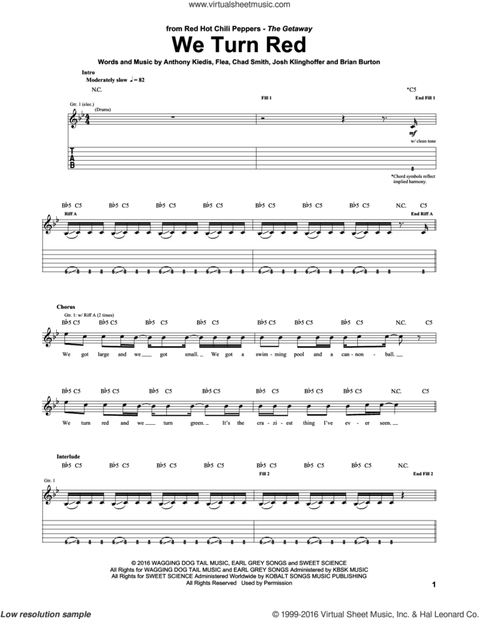 We Turn Red sheet music for guitar (tablature) by Red Hot Chili Peppers, Anthony Kiedis, Brian Burton, Chad Smith, Flea and Josh Klinghoffer, intermediate skill level
