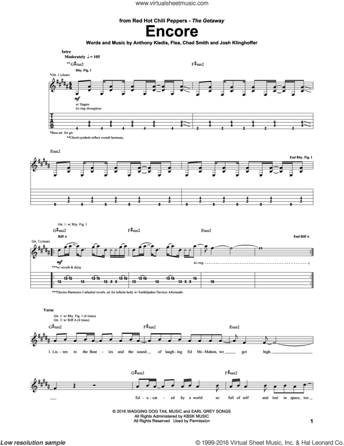 Encore sheet music for guitar (tablature) by Red Hot Chili Peppers, Anthony Kiedis, Chad Smith, Flea and Josh Klinghoffer, intermediate skill level
