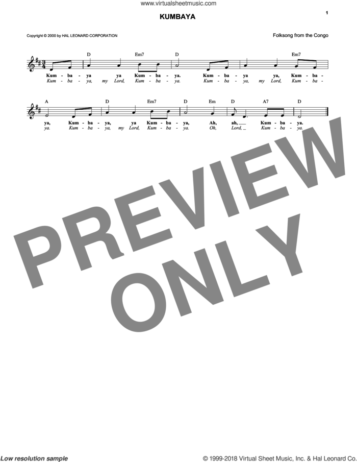 Kumbaya sheet music for voice and other instruments (fake book), intermediate skill level