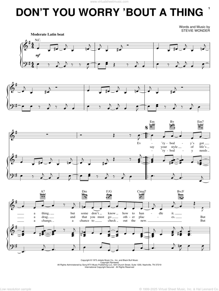 Don't You Worry 'Bout A Thing sheet music for voice, piano or guitar by Stevie Wonder, intermediate skill level