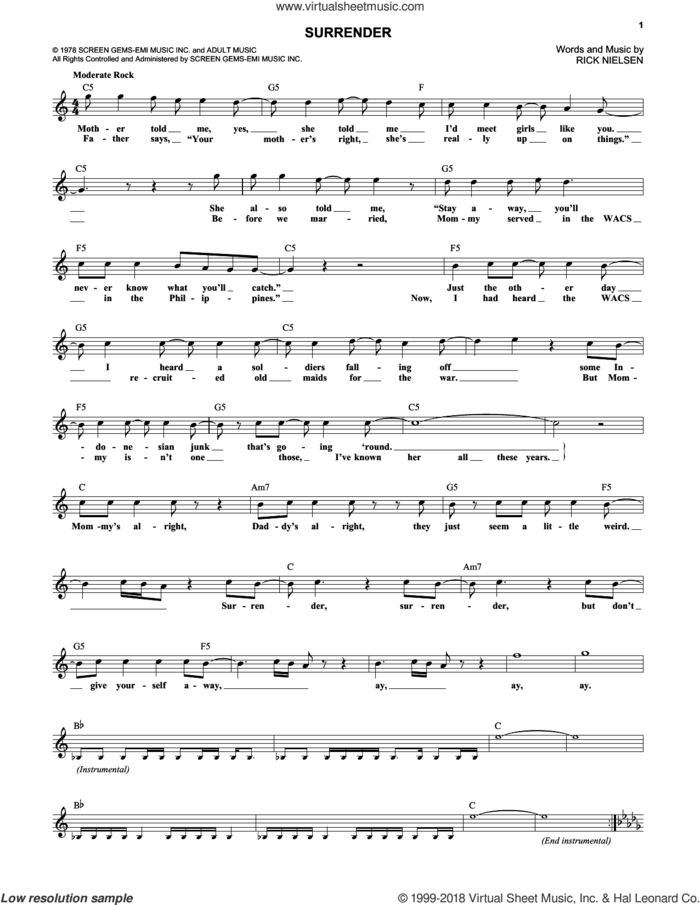 Surrender sheet music for voice and other instruments (fake book) by Cheap Trick and Rick Nielsen, intermediate skill level