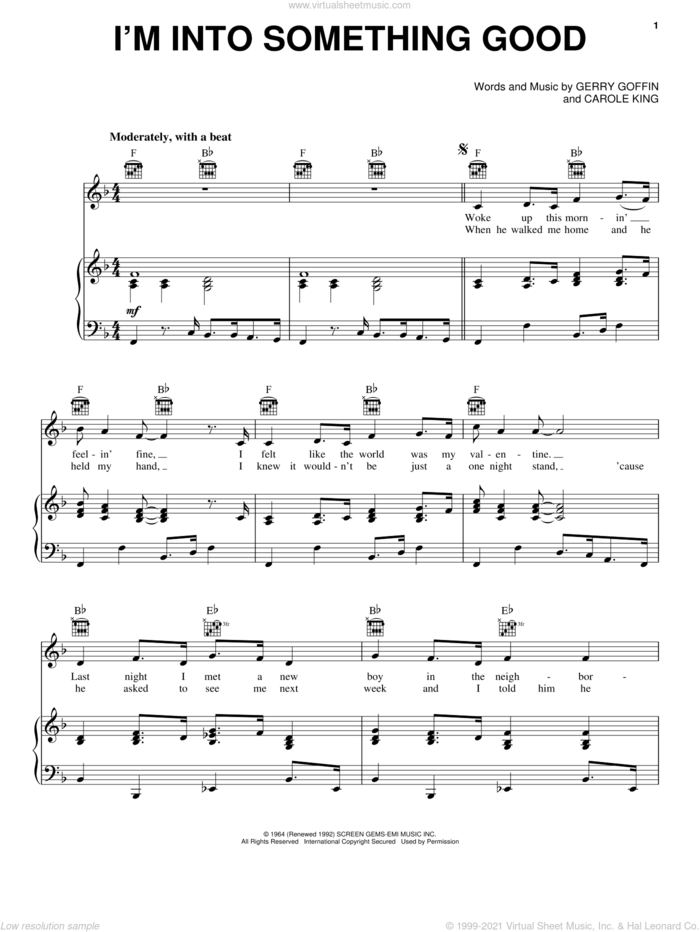 I'm Into Something Good sheet music for voice, piano or guitar by Herman's Hermits, Carole King and Gerry Goffin, intermediate skill level