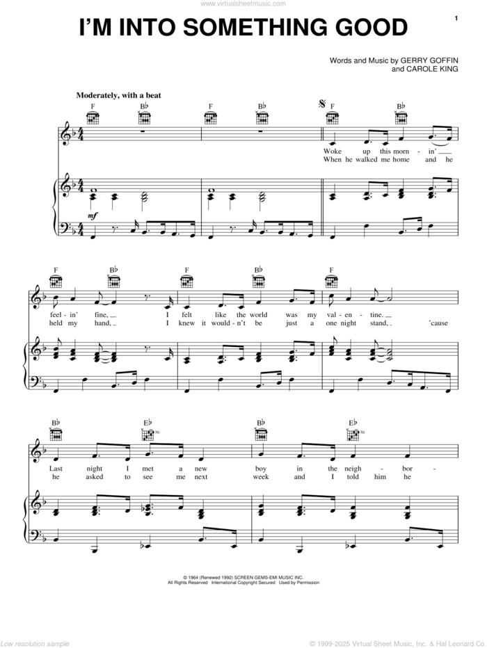 I'm Into Something Good sheet music for voice, piano or guitar by Herman's Hermits, Carole King and Gerry Goffin, intermediate skill level