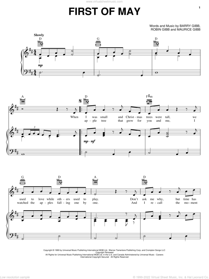 First Of May sheet music for voice, piano or guitar by Bee Gees, Barry Gibb, Maurice Gibb and Robin Gibb, intermediate skill level