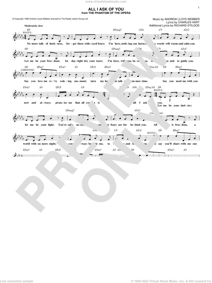 All I Ask Of You (from The Phantom Of The Opera) sheet music for voice and other instruments (fake book) by Andrew Lloyd Webber, Barbra Streisand, Charles Hart and Richard Stilgoe, wedding score, intermediate skill level