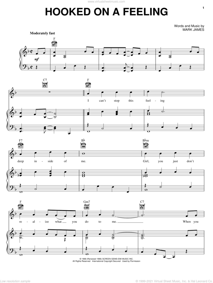 Hooked On A Feeling sheet music for voice, piano or guitar by B.J. Thomas and Mark James, intermediate skill level