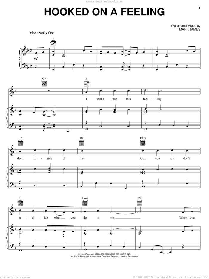 Hooked On A Feeling sheet music for voice, piano or guitar by B.J. Thomas and Mark James, intermediate skill level