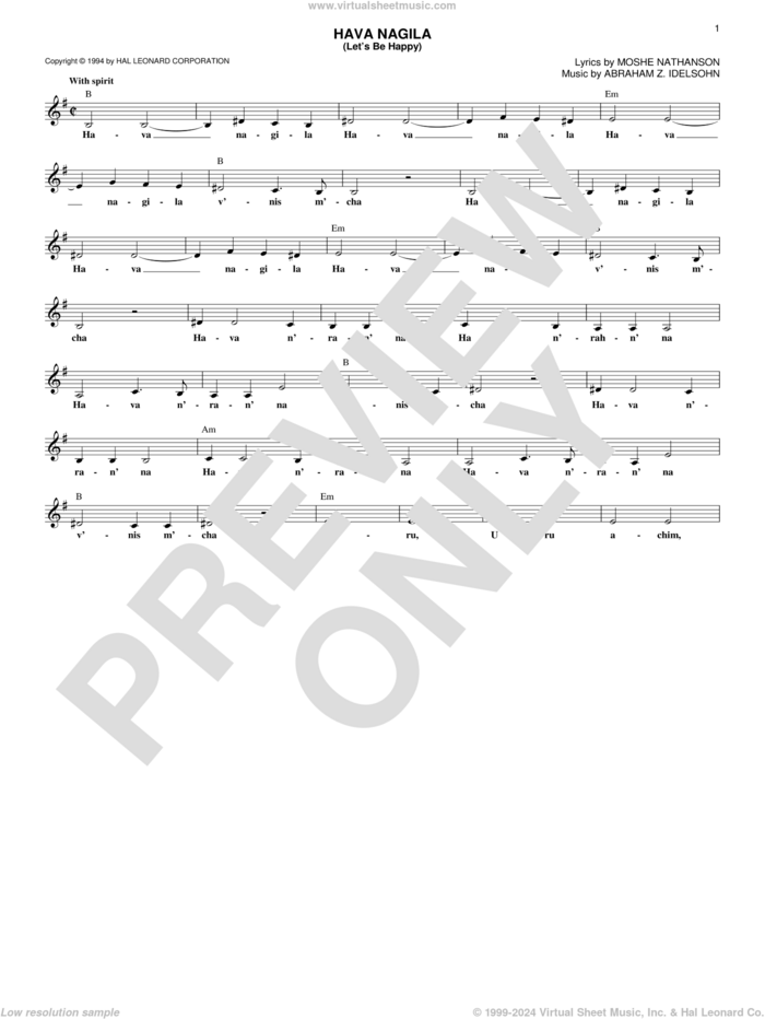 Hava Nagila (Let's Be Happy) sheet music for voice and other instruments (fake book) by Moshe Nathanson and Abraham Z. Idelsohn, intermediate skill level