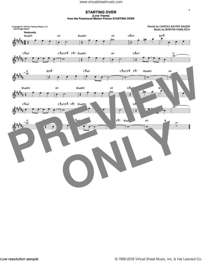 Starting Over (Love Theme) sheet music for voice and other instruments (fake book) by Marvin Hamlisch and Carole Bayer Sager, intermediate skill level