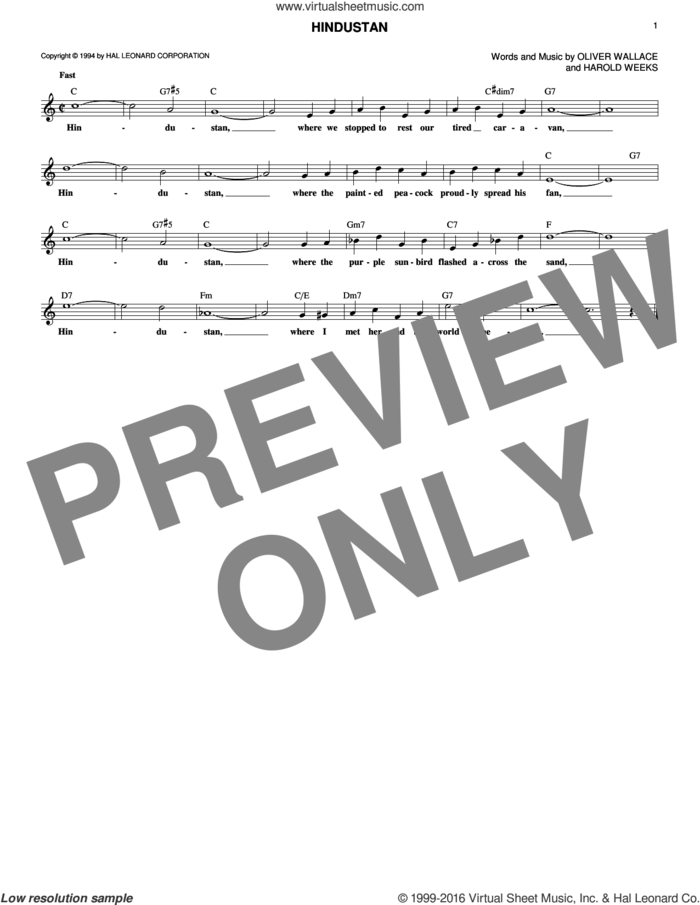 Hindustan sheet music for voice and other instruments (fake book) by Oliver Wallace and Harold Weeks, intermediate skill level