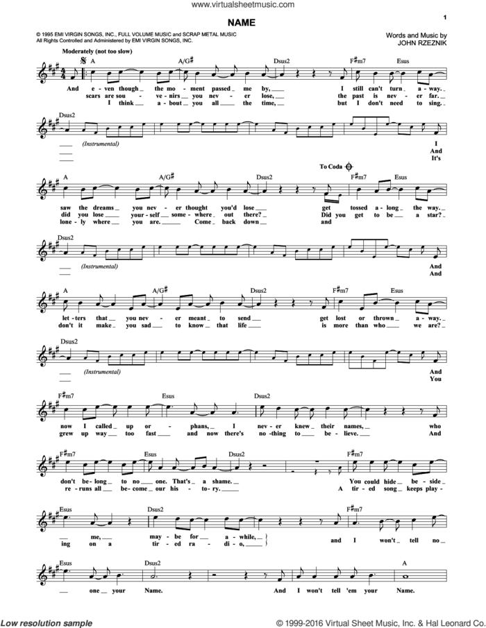 Name sheet music for voice and other instruments (fake book) by Goo Goo Dolls and John Rzeznik, intermediate skill level