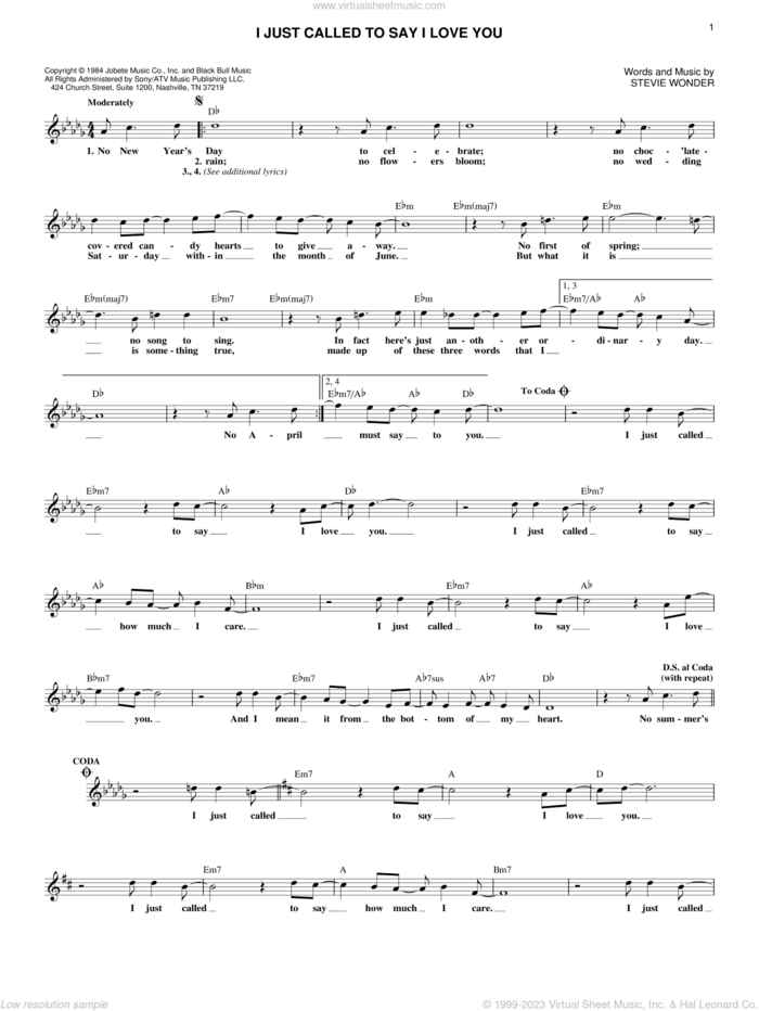I Just Called To Say I Love You sheet music for voice and other instruments (fake book) by Stevie Wonder, intermediate skill level