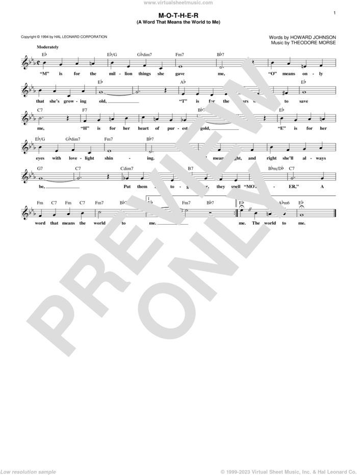 M-O-T-H-E-R (A Word That Means The World To Me) sheet music for voice and other instruments (fake book) by Theodore F. Morse and Howard Johnson, intermediate skill level