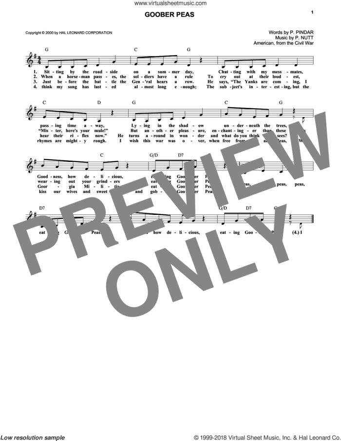 Goober Peas sheet music for voice and other instruments (fake book) by P. Nutt and P. Pindar, intermediate skill level