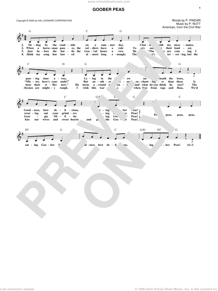 Goober Peas sheet music for voice and other instruments (fake book) by P. Nutt and P. Pindar, intermediate skill level